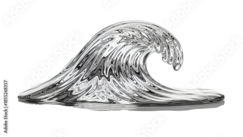 A dynamic and abstract metallic wave sculptured with reflective silver material, cresting on a black background.