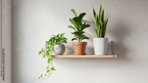 Wallpaper Mural Three potted plants on a wooden shelf against a white wall for Houseplant Appreciation Day Torontodigital.ca