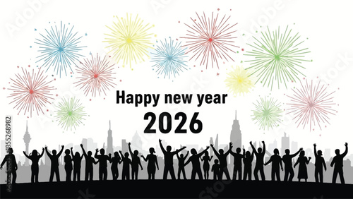 Celebratory new year fireworks display with silhouettes of people and a city skyline