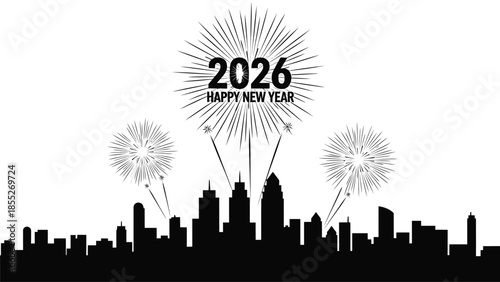 New year 2026 celebration with fireworks over a city skyline