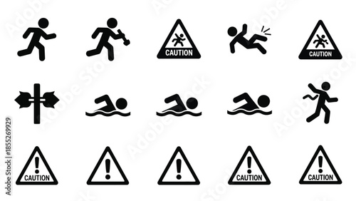 Collection of black silhouette icons depicting people hazards and warning signs