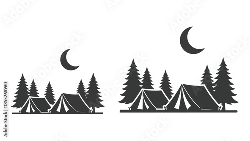 A serene nighttime camping scene with silhouetted trees and crescent moons
