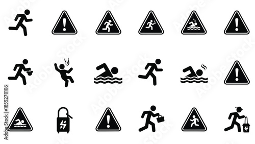 Collection of warning and safety sign icons depicting various hazards and actions