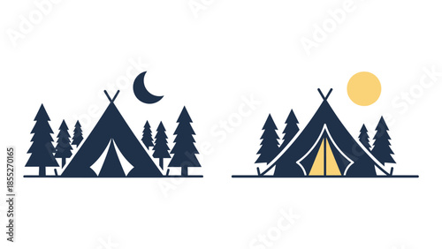 Minimalist camping scene with tent trees moon and sun illustrations
