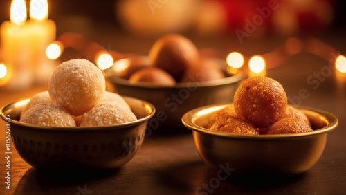 Delicious Indian sweets in golden bowls with candles Makar Sankranti