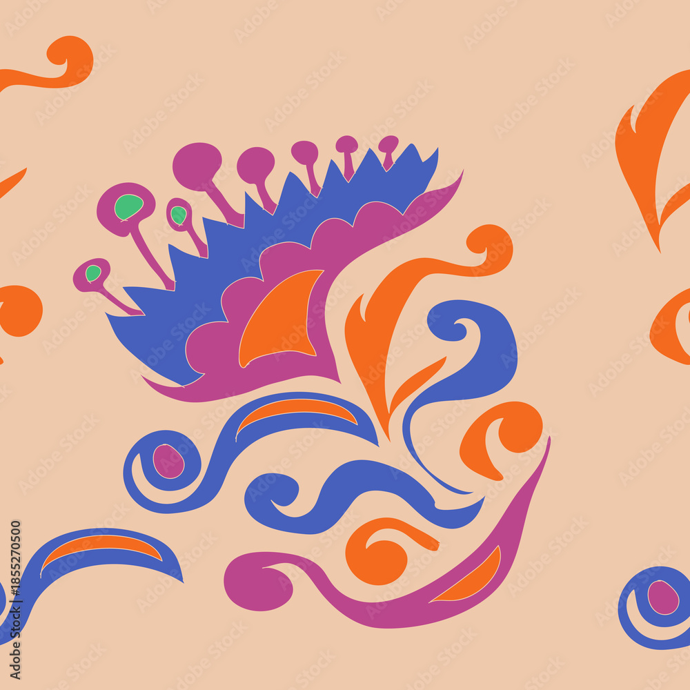 Fototapeta premium Horizontal colored leaves, flower, spirals. Hand drawn.