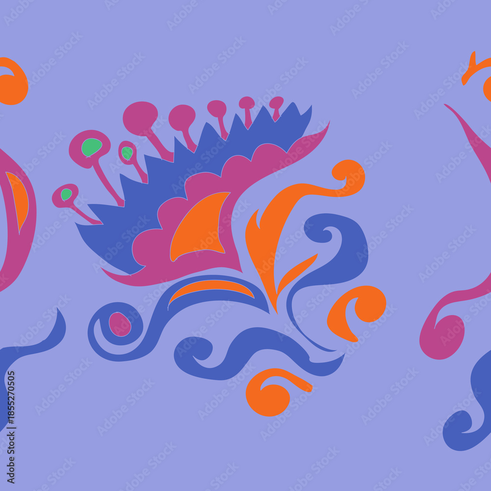 Fototapeta premium Horizontal colored leaves, flower, spirals. Hand drawn.