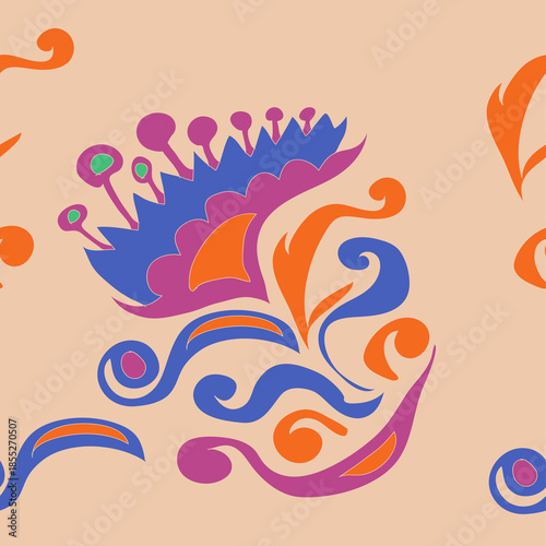 Horizontal  colored  leaves, flower, spirals. Hand drawn.