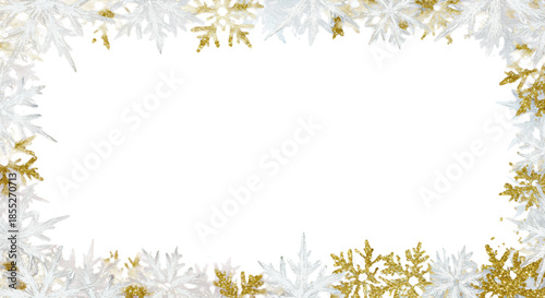 Intricate border of crystalline white and shimmering metallic gold foil macro snowflakes framing clean copy space, set on a soft pastel pink and sky blue watercolor background. Refined holiday