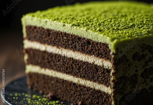Matcha chocolate fusion cake — layered green matcha and dark chocolate, dramatic contrast, close-up texture emphasis.