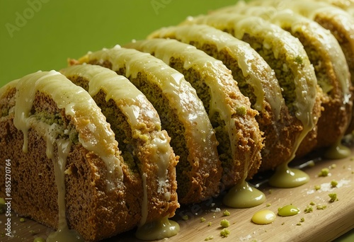 Studio shot of matcha pound cake with glaze — glossy sugar drizzle, neat slices, studio lighting, advertising-style composition.