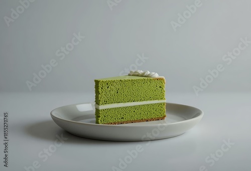 Studio shot of matcha cake slice — negative space composition, gray background, clean modern food photography.