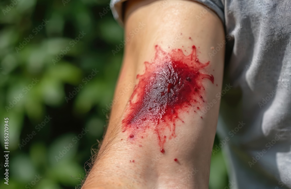 Fototapeta premium Close-up of bloody open wound on mans arm. Human skin shows abrasion and fresh cut from accident. Injury needs medical attention and treatment for healing.