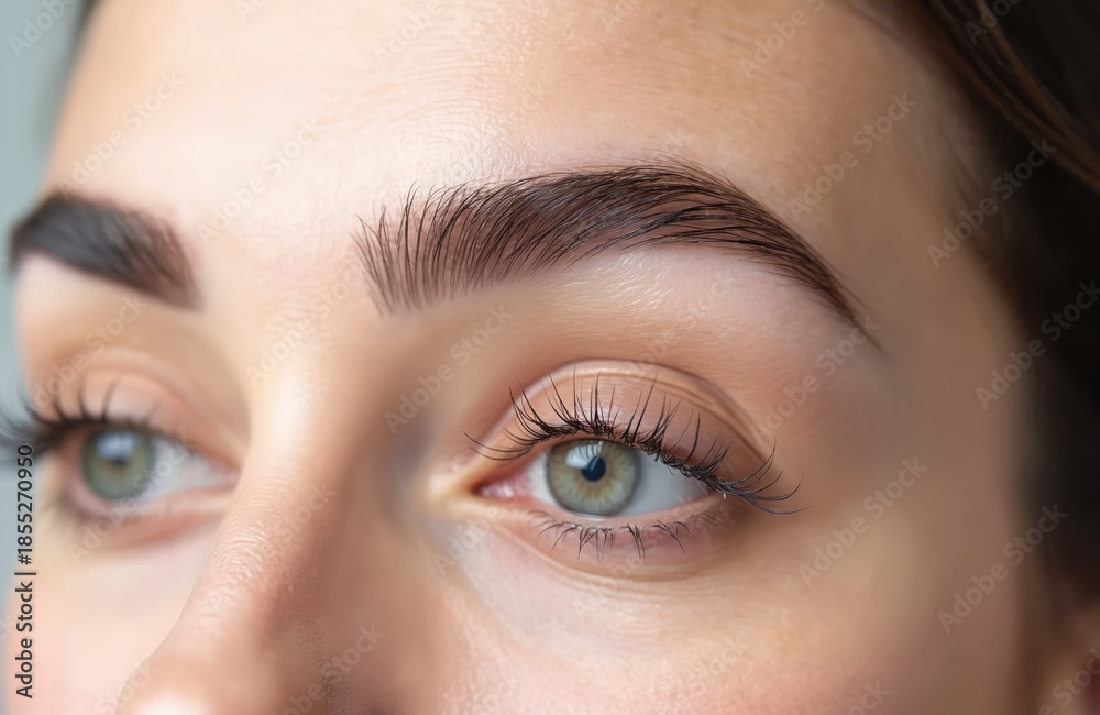 Fototapeta premium Woman eye with perfectly shaped and colored eyebrows after lamination. Lashes are long and full. Skin looks smooth and clean. Beauty treatment result shown close-up.