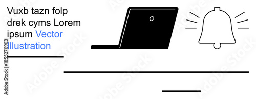 Alerts management, digital notifications, communication tools, office productivity, technology usage, and remote work. A laptop and ringing notification bell. Alerts management and digital