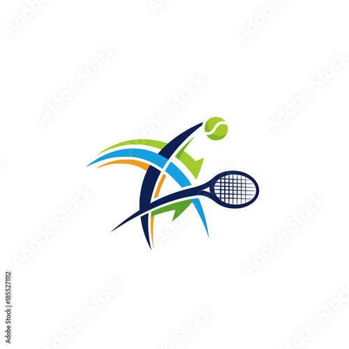 Dynamic silhouette of a tennis player mid-play with energy lines and sport ball