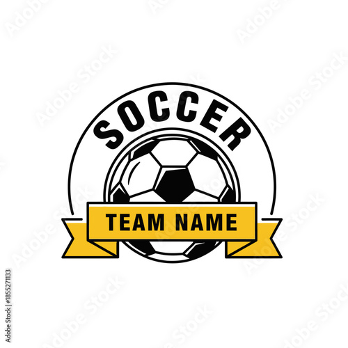 Soccer sport emblem with team banner and classic black and white ball design