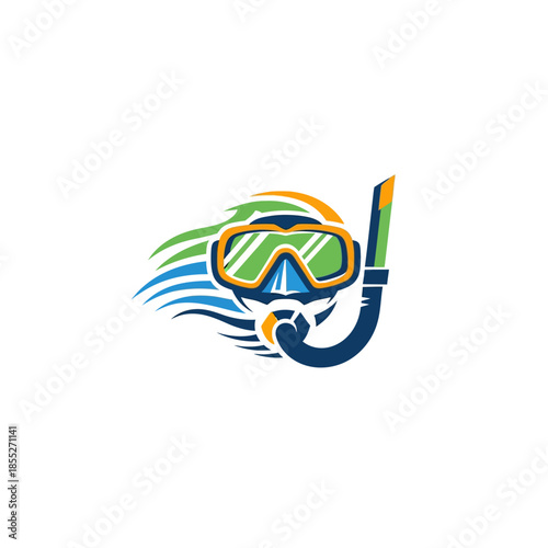 Colorful snorkeling gear with fins and a mask floating on clear ocean water