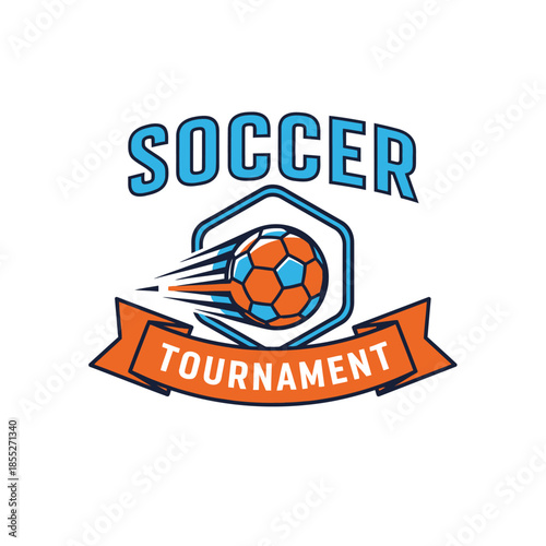 Dynamic soccer tournament logo featuring a kicking soccer ball and vibrant
