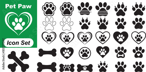 Pet Paw Print and Dog Bone Silhouette Minimalist Icon Set Vector