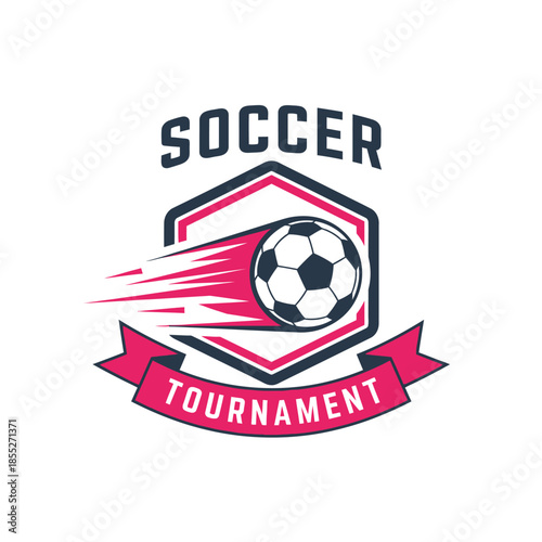 Dynamic Soccer Tournament Emblem Featuring a Kicking Soccer Ball and Modern