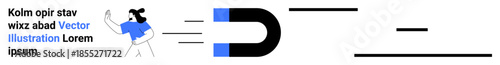 Marketing, customer attraction, engagement strategies, audience targeting, business growth, retention. Person pulled by magnet. Marketing and customer attraction concept