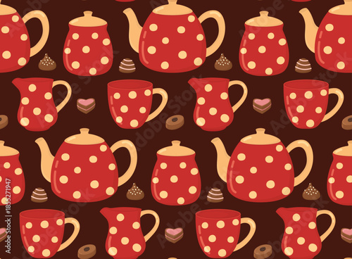 Seamless pattern with red polka dot tea set and chocolate candies. Background with cup, teapot, creamer jug, sugar bowl and sweets