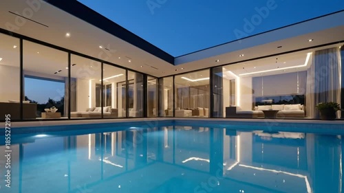 Modern luxury home with illuminated outdoor pool and elegant interior design