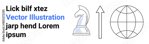 Business strategy, global expansion, international growth, decision-making, innovation, leadership. Outline icons of a chess knight, upward arrow globe. Strategy and global expansion concept