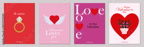Valentine`s Day greeting cards set with heart shapes, ring, flowers and symbols of love.  Templates for celebration, ads, branding, banner, cover, label, poster. February 14. Vector illustration
