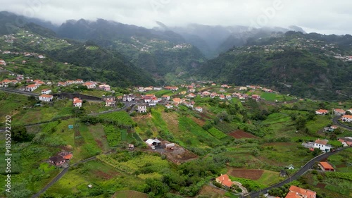 Drone aerial 4k video of Outskirts of Santana city in northern coast of Madeira Island, Portugal