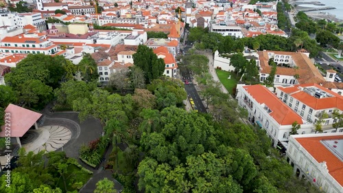 Drone video in Funchal, capital of Madeira. View with Baltazar Dias Municipal Theater and City Park