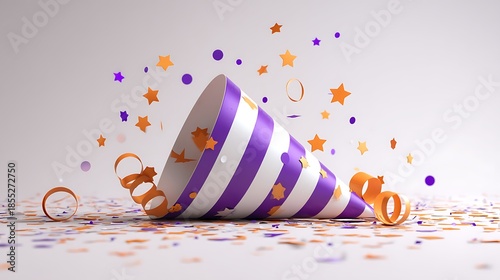 Party Hat with Purple and photo White Stripes and Orange Confetti on White Background celebration