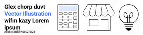 Business operations, entrepreneurship, commerce, creativity, finance management, digital tools. Minimalist calculator, shop storefront lightbulb icons in black and white. Business operations