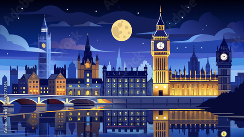 Very beautiful night view of Big Ben and the Houses of Parliament illuminated against the dark sky, reflecting elegantly on the River Thames in a timeless London cityscape.