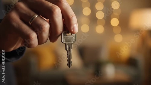 Close-up of hand holding a house key in a warm-lit indoor setting