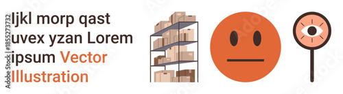 Logistics, emotion recognition, visual analysis, inventory, surveillance, attitude . Shelves with boxes, neutral emotion and an eye under magnification. Logistics and emotion recognition