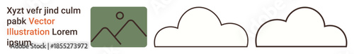Branding, design resources, conceptual art, nature , digital media, minimalism. A landscape icon and two outlined cloud symbols. Branding and design resources concept