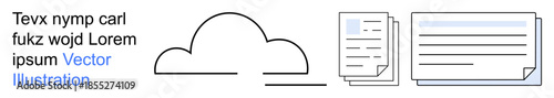 Cloud computing, file sharing, document storage, digital organization, online backups, data security. Cloud icon and document papers side by side. Cloud computing and document storage concept