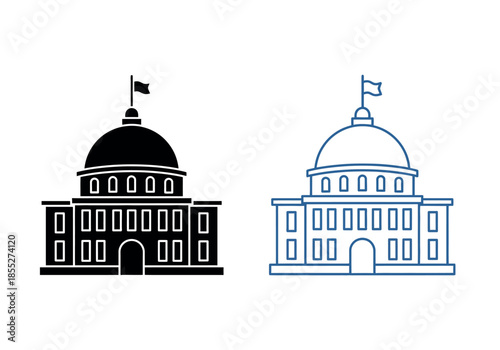 Two stylized depictions of capitol buildings one black and one blue with flags atop high quality