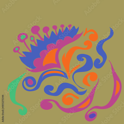 Ornament  colored  leaves, flower, spirals. Hand drawn.