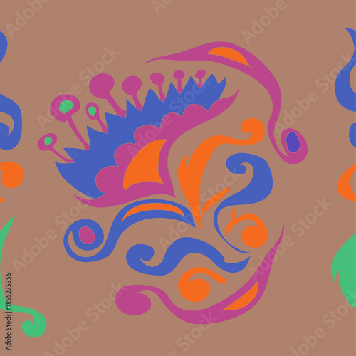 Horizontal colored  leaves, flower, spirals. Hand drawn.