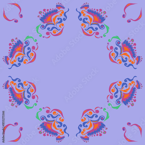 Stylized colored  leaves, flower, spirals. Hand drawn.