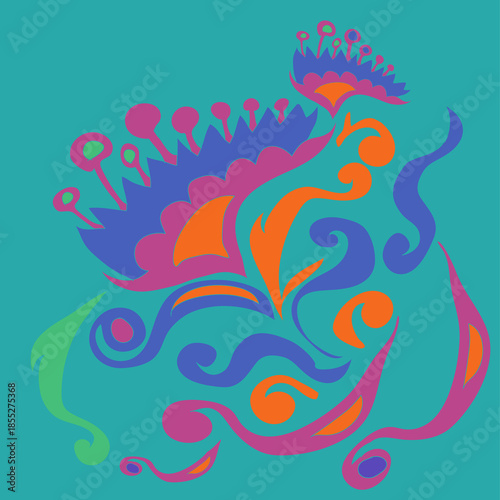 Design  colored  leaves, flower, spirals. Hand drawn.