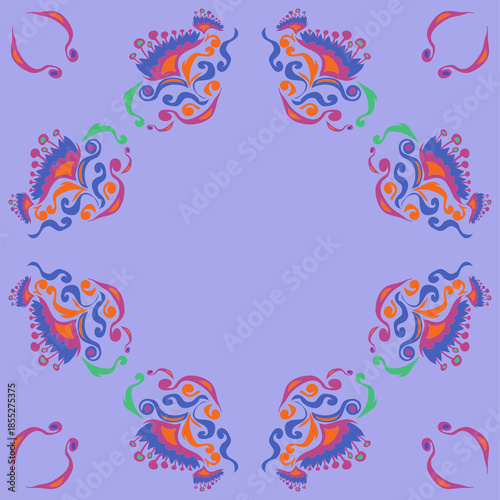 Stylized colored  leaves, flower, spirals. Hand drawn.