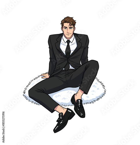 Handsome Man in Formal Black Suit and Tie Sitting on White Rug Vector