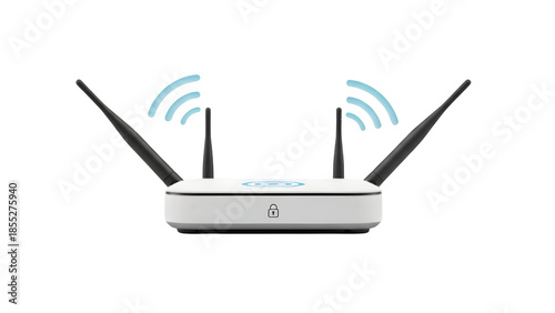 3D Secure Wi‑Fi Router Icon with Antenna Signal Waves and Lock Isolated on Transparent Background PNG

