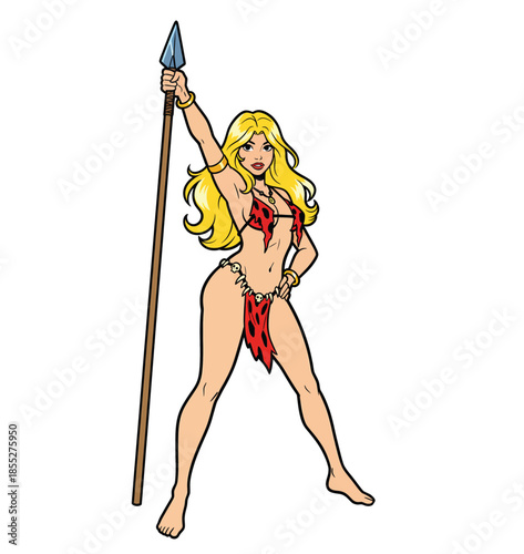 Brave Blonde Cavewoman Holding Spear in Leopard Print Outfit Vector Illustration