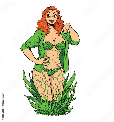 Redhead Nature Goddess in Green Leaf Outfit Fantasy Character Vector