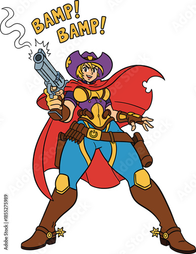 Cowgirl Superhero Character Shooting Pistol with Bamp Sound Effect Comic Style